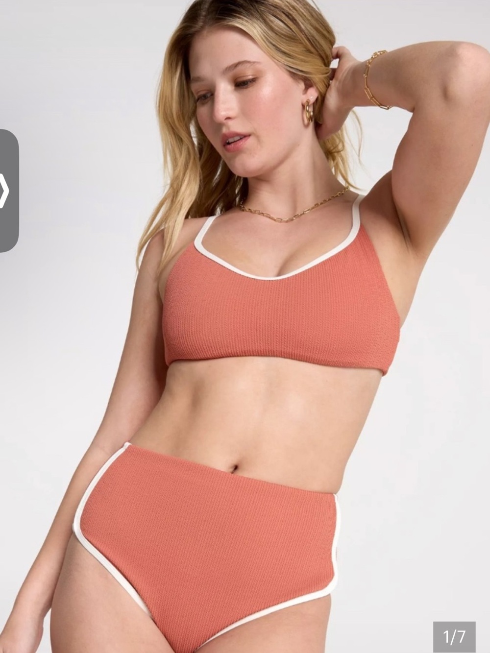Calia terracotta Ribbed Bralette High-Waist Brief retro bikini White piping Trim